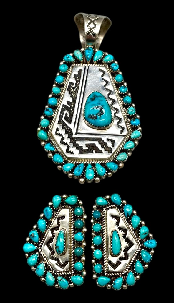 Double Sided Turquoise And Sterling Silver Pendant And Earrings (1 of 9)