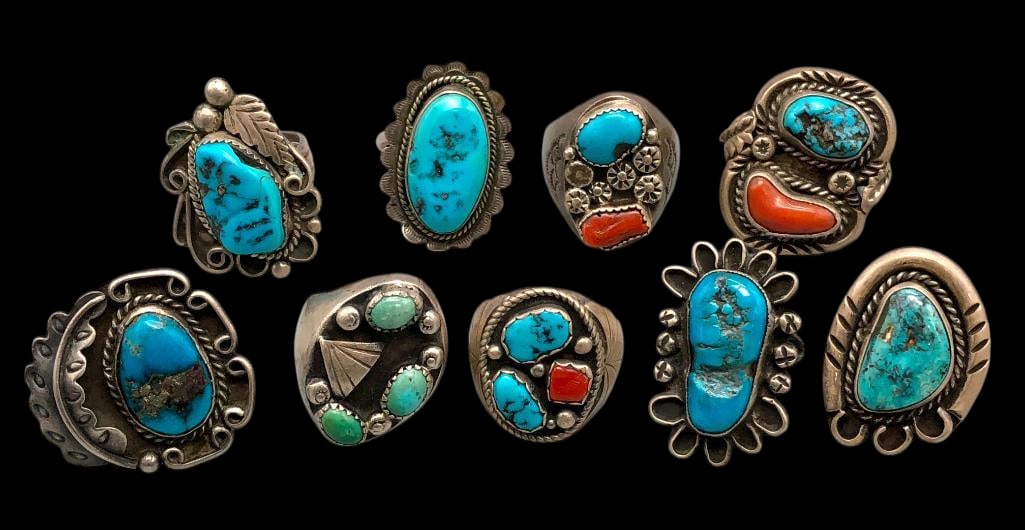Nine Vintage Rings - Turquoise, Coral And Sterling Silver (1 of 13)