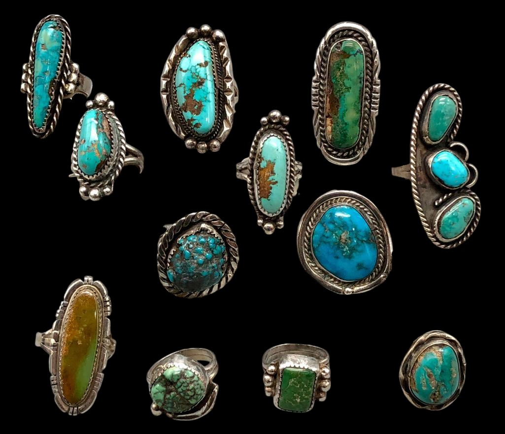 12 Vintage Turquoise And Sterling Silver Rings - New Old Stock (1 of 15)