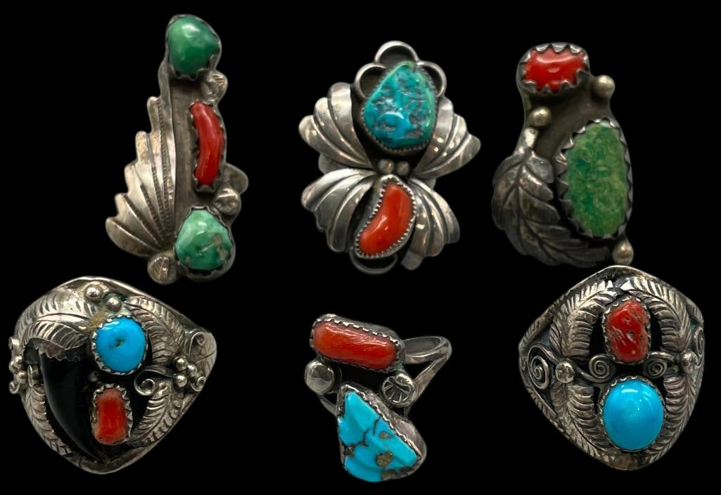 Six Vintage Turquoise And Sterling Silver Rings (1 of 12)