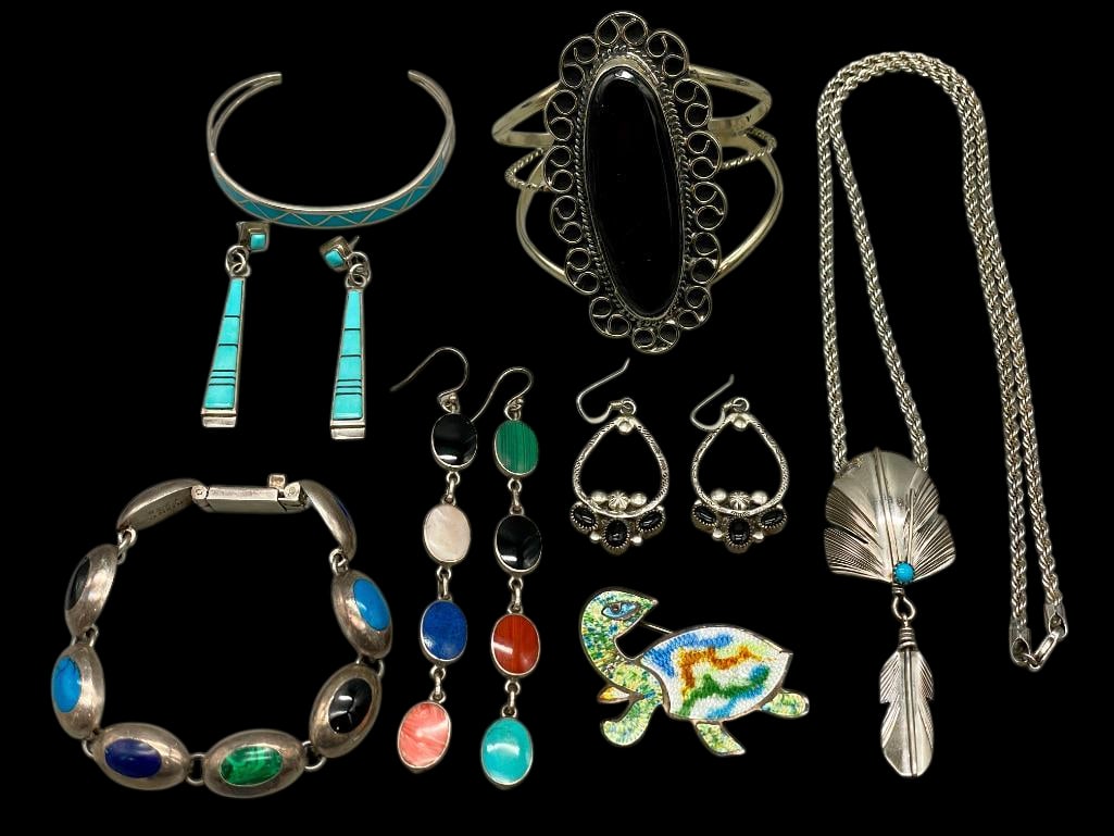 Miscellaneous Sterling Silver Jewelry Lot (Some Mexican): Offered here for your consideration is a miscellaneous sterling silver jewelry lot (some Mexican). This group includes three bracelets, three pairs of earrings, one pin and one necklace. These pieces