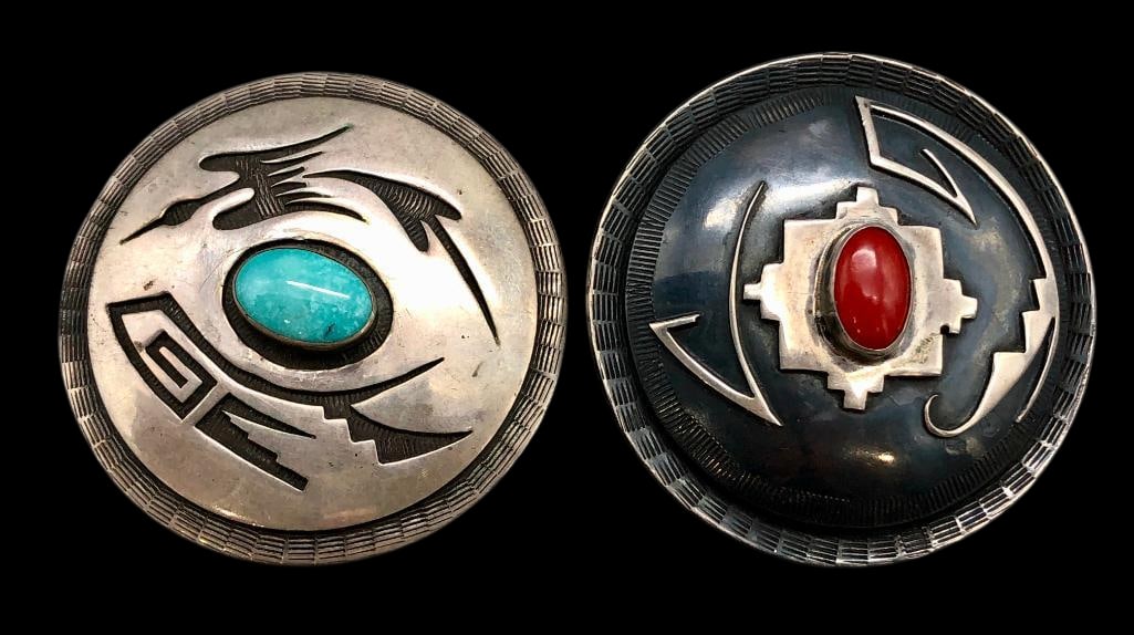 Two Sterling Silver Pins - One Pin/Pendant By Preston Monongye: Offered here for your consideration are two sterling silver pins - one pin/pendant by Preston Monogye. Both pieces are highlighted with overlay designs showcasing darkened silver backgrounds. Accentin
