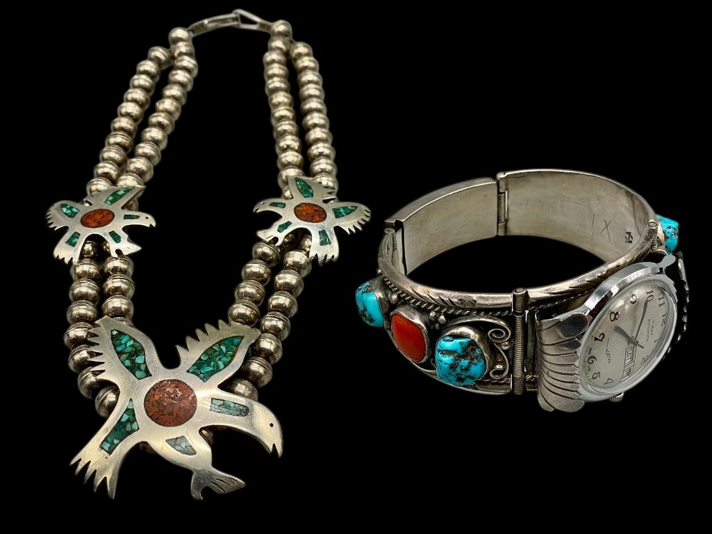 Vintage Sterling Silver Inlay Necklace With Turquoise And Coral Watch Bracelet: Offered here for your consideration is a vintage sterling silver inlay necklace with a turquoise and coral watch bracelet. The necklace features three bird themed pendants accented with a turquoise an