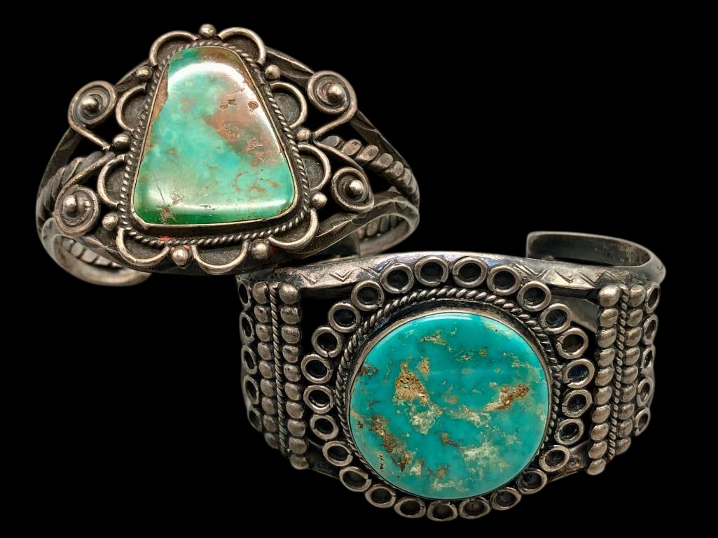 Two Vintage Sterling Silver And Turquoise Bracelets: Offered here for your consideration are two vintage sterling silver and turquoise bracelets. These bracelets each feature turquoise cabochons set in smooth silver bezels accented with silver dots, twi