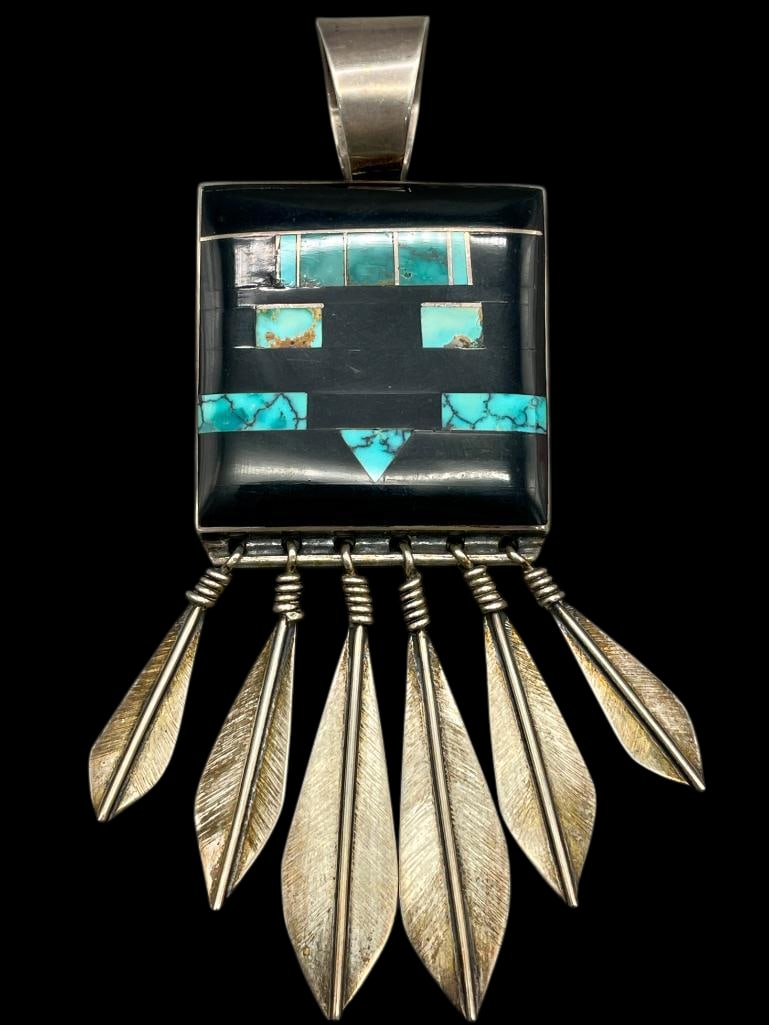 Sterling Silver, Onyx And Turquoise Pin/Pendant By Peter Sanchez: Offered here for your consideration is a sterling silver, onyx and turquoise pin/pendant by Peter Sanchez. This piece features an onyx and turquoise inlay with some silver channels throughout. Accenti