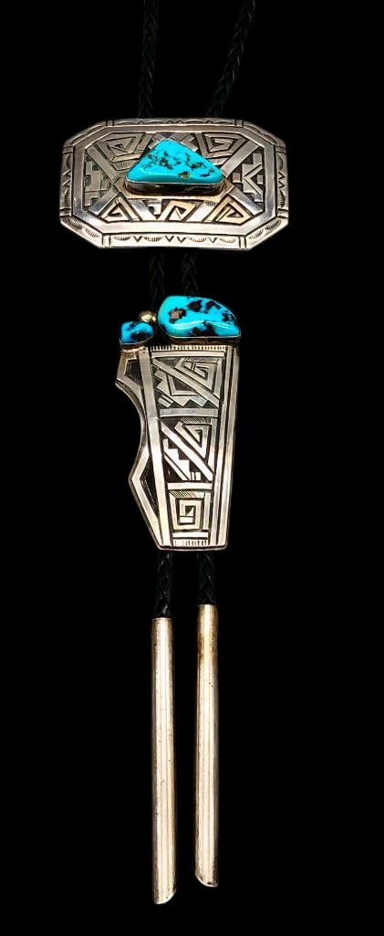 Peter Nelson Sterling Silver And Turquoise Bolo And Buckle With Overlay Designs: Offered here for your consideration is a sterling silver and turquoise bolo with a matching buckle by Peter Nelson. Both pieces feature turquoise cabochons set in smooth silver bezels displayed on a d