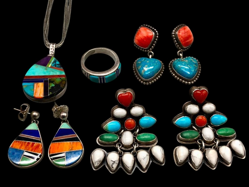 Two Pair Sterling Silver Multi Stone Earrings, Ring, Pendant And Silver Chain: Offered here for your consideration are two pairs of sterling silver multi stone earrings, ring, pendant and silver chain. Highlighting each piece are multi stone cabochons or multi stone channel inla