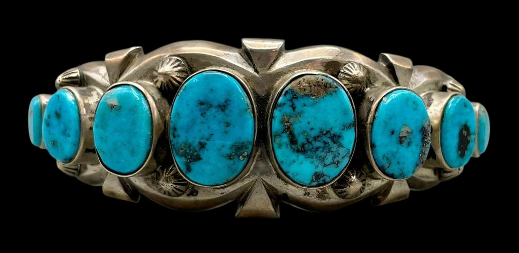 Hefty Eight Stone Turquoise And Sterling Silver Bracelet By Harry Morgan (1 of 10)
