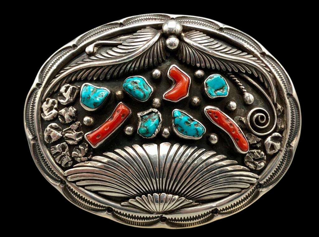 Sterling Silver, Turquoise And Coral Buckle (1 of 11)