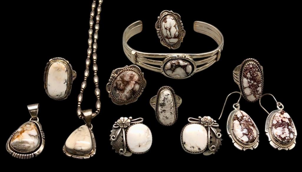 Group Of Wild Horse And White Buffalo Jewelry All Sterling Silver: Offered here for your consideration is a group of wild horse and white buffalo jewelry all sterling silver. Included are a bracelet, five rings, two pairs of earrings and a pendant necklace. Each is h