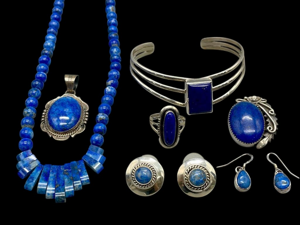Lapis And Sterling Silver Bracelet, Earrings, Ring, Necklace Etc.: Offered here for your consideration is a Lapis and sterling silver bracelet, earrings, ring, necklace, pendant etc. The pieces are highlighted with cabochons of lapis set in silver bezels. The necklac