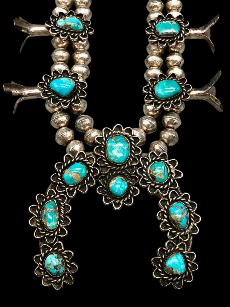 Vintage Turquoise And Sterling Silver Squash Blossom Necklace (1 of 16)