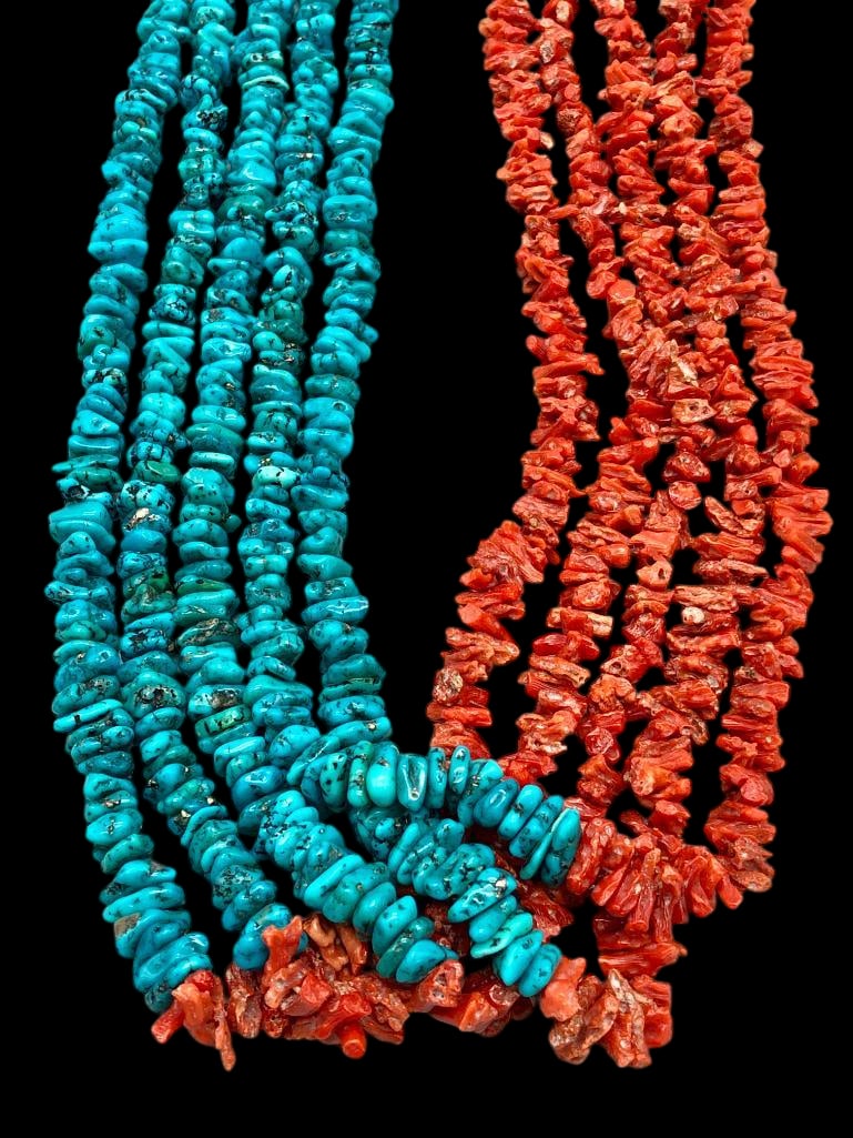 Five Strand Turquoise And Coral Pueblo Style Necklace: Offered here for your consideration is a five strand turquoise and coral Pueblo style necklace. This piece showcases half turquoise beads on one side and coral beads on the other accented with shell H