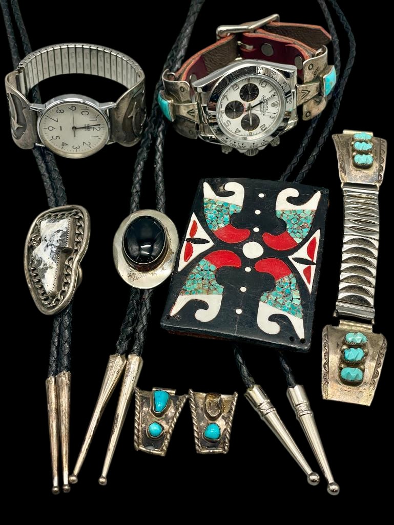 Miscellaneous Group Of Bolo Ties And Watch Tips: Offered here for your consideration is a miscellaneous group of bolo ties and watch tips. This group features various stones including turquoise, onyx and White Buffalo set in silver bezels. They are