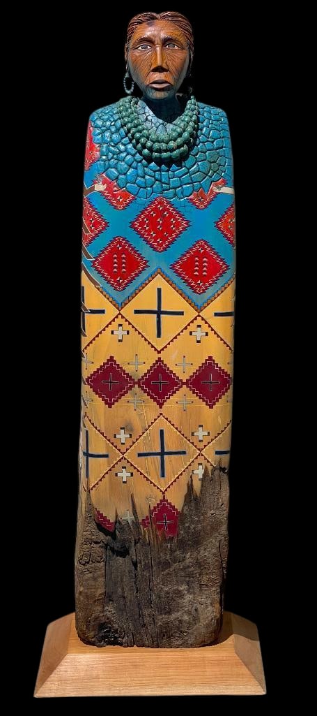 Large Native American Wood Sculpture By David Draper: Offered here for your consideration is a large Native American theme wood sculpture by David Draper. David is a well known carver specializing in Native American sculptures. This piece is carved from