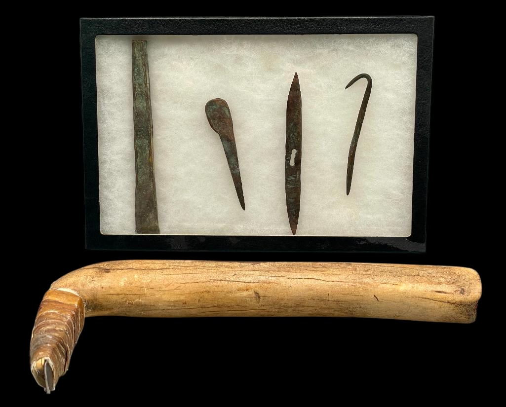 Antique Hide Scraper And Copper Tools: Offered here for your consideration is an antique hide scraper along with a group of four early copper tools. Scrapers like this were often used by the Sioux in the 1800s and early 1900s. The hide scr