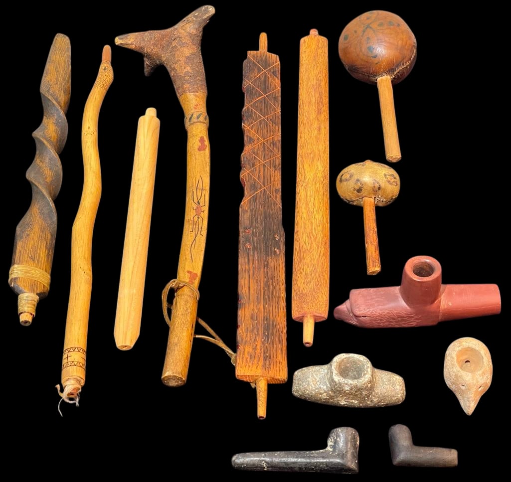 13 Artifacts, Tools, Rattles, Pipe And Stems: Offered here for your consideration is a group of 13 artifacts, tools, rattles, pipe and stems. This group includes carved wooden pieces, stone pipe bowls, stems and two rattles. One of the pieces was