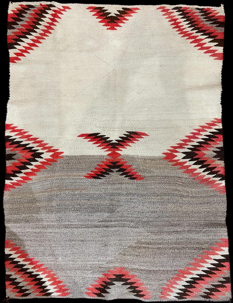 Vintage Non Regional Design Navajo Rug: Available here for your consideration is a vintage non-regional design Navajo rug. This textile features geometric patterns in gray, tan, white and red tones. It is a very lightweight weave much like 