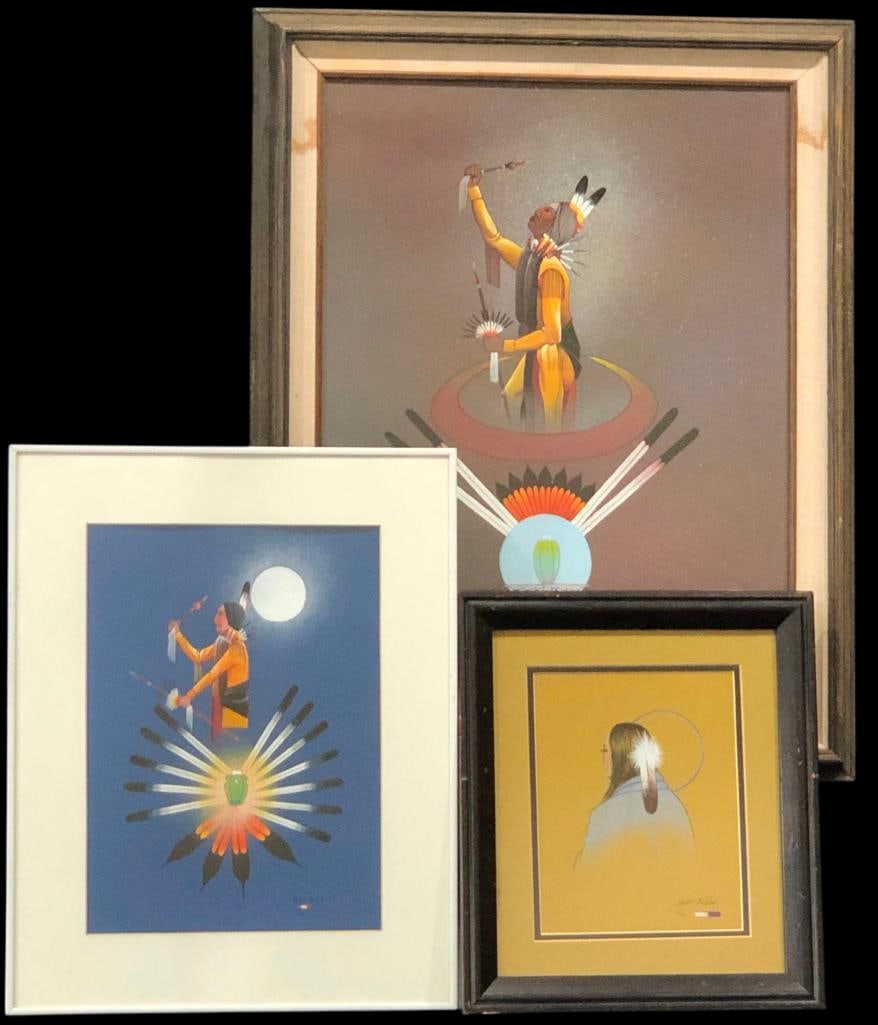 Three Framed Paintings By Robert Redbird: Offered here for your consideration is a group of three framed paintings by Robert Redbird. These paintings feature stylized figures and motifs executed in Redbird’s recognizable style. They depict 