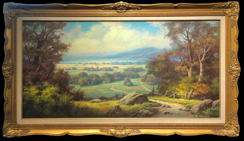Mountain Landscape Oil Painting By Anton Gutknecht (1907-1989): Offered here for your consideration is a mountain landscape oil painting by Anton Gutknecht. Anton once taught at The Royal Academy in Vienna. He later moved to California and became a very well known
