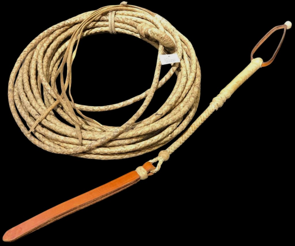 Rawhide Quirt And Riata 50 Feet: Offered here for your consideration is a rawhide quirt and a riata. The riata measures approximately 50 feet. The quirt features braided rawhide over a core with leather accents and the riata is hand 
