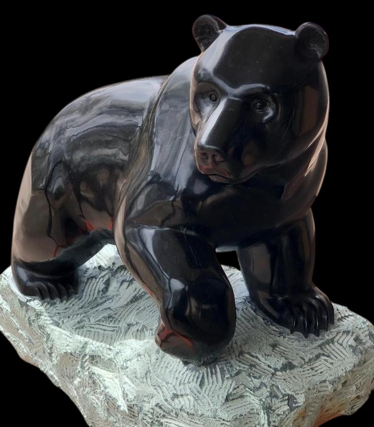 Bear Stone Sculpture By Roy Hinz: Offered here for your consideration is a stone sculpture of a bear by Roy Hinz that is titled Charcoal. Born in a remote region of British Columbia and raised in northern Alberta, Roy Hinz developed a