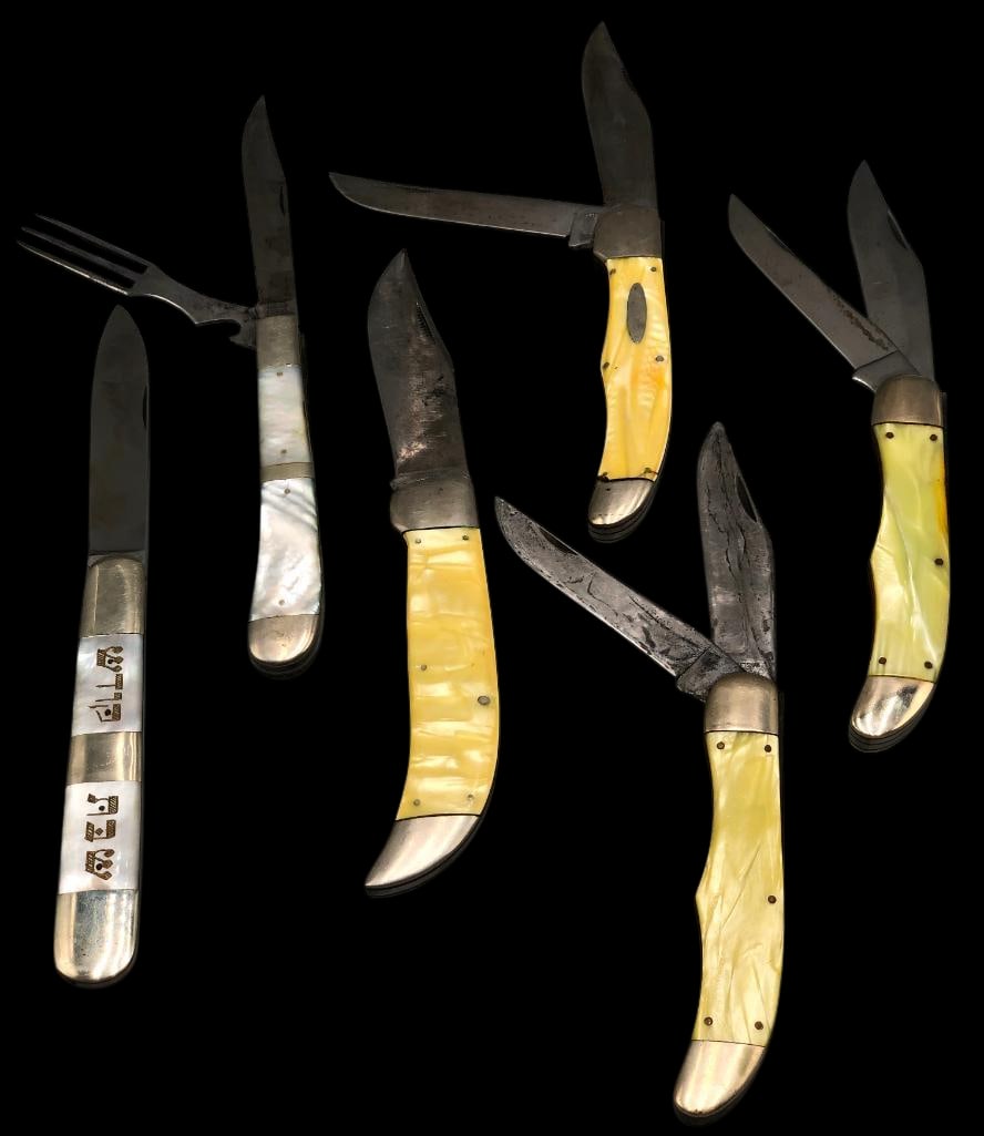 Group Of Six Exotic Handle Folding Knives: Offered here for your consideration is a group of six vintage folding pocket knives. The lot includes a variety of blade configurations with single and multi blade examples. Each knife features yellow