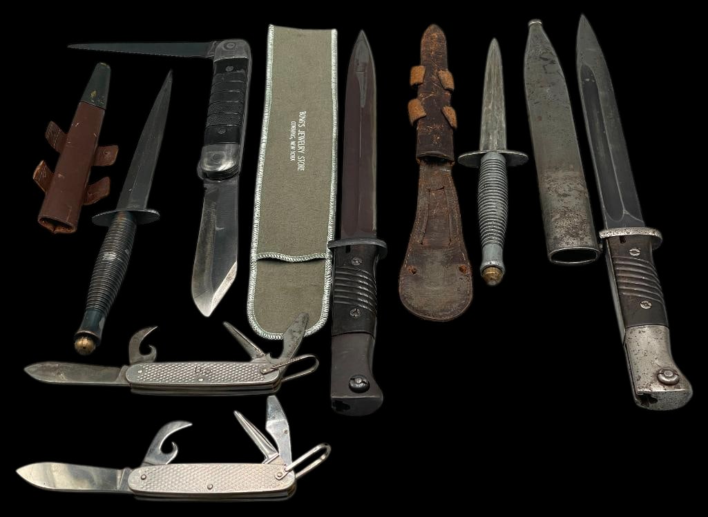 Group Of Vintage Military Knives And Bayonets: Offered for your consideration is a mixed group of vintage military knives and bayonets, including multiple fixed blade knives, folding pocket knives, bayonets, scabbards and sheaths. Several items ex