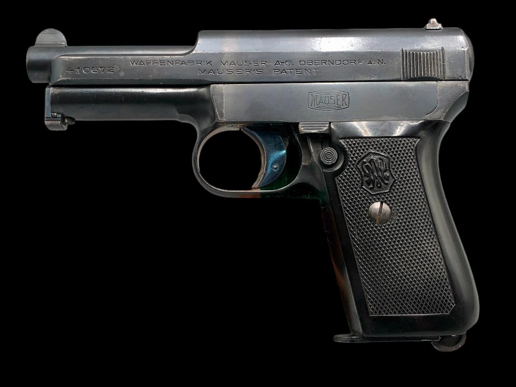 WWII Mauser .32 Cal Semi Auto Pistol: For your bidding pleasure is a WWII Mauser .32 caliber semi-automatic pistol. This firearm features a blued finish, fixed sights and checkered grips. A desirable example of a classic German pocket pis