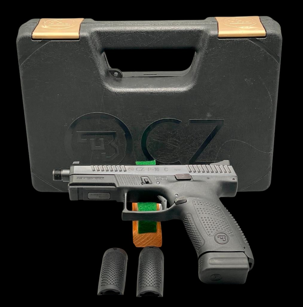 CZ-P10 9mm Pistol with Box: Offered here for your consideration is a CZ P-10, chambered in 9mm. This striker fired handgun features a black polymer frame with a matte black slide. It includes interchangeable backstraps, factory 
