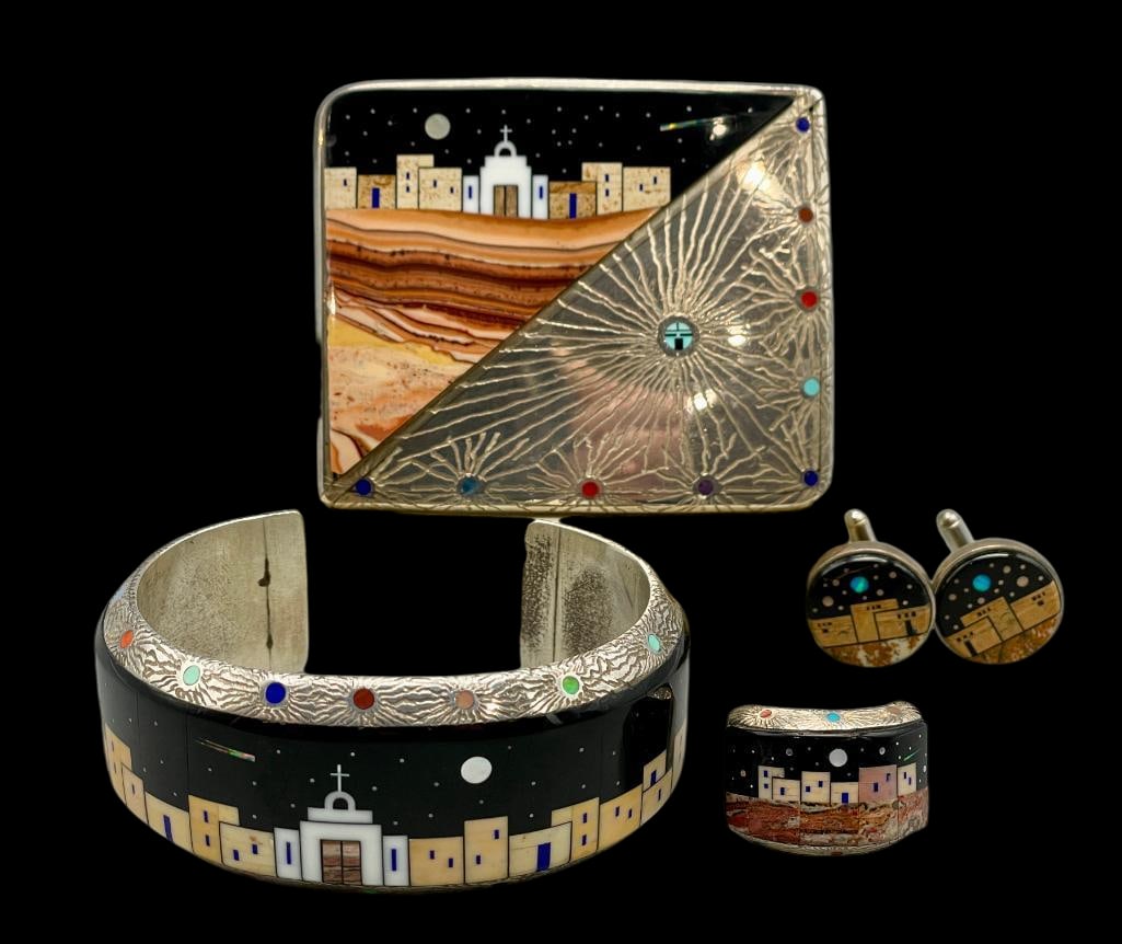 Phenomenal Inlay And Sterling Silver Buckle, Bracelet, Ring And Cuff Link Ensemble: Offered here for your consideration is a phenomenal inlay and sterling silver ensemble consisting of a buckle, bracelet, ring and cuff links. The pieces feature detailed inlay Pueblo scenes created wi