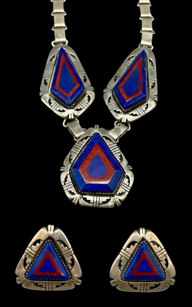 Sterling Silver Lapis And Coral Inlay Necklace And Earrings By Austin Garcia: Offered here for your consideration is a sterling silver, lapis and coral inlay necklace and earrings by Austin Garcia. The necklace features three inlay settings composed of lapis and coral arranged