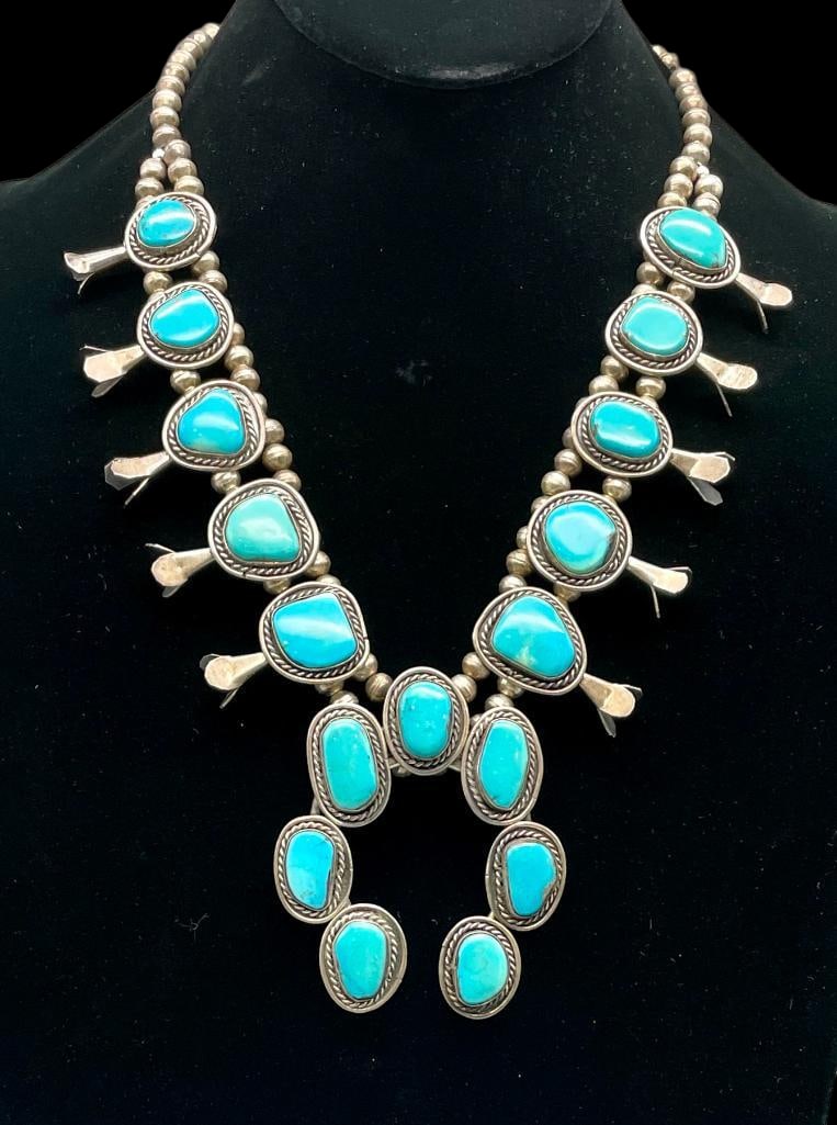Vintage Turquoise And Sterling Silver Squash Blossom Necklace (1 of 18)