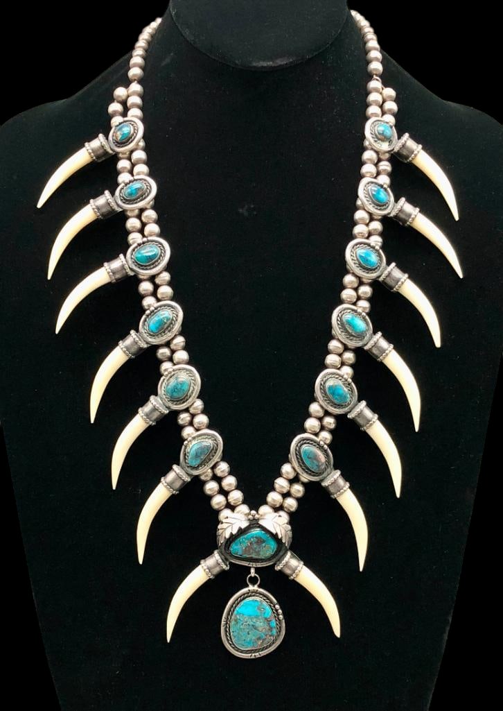 Vintage Bisbee Turquoise, Sterling Silver And Tusk Squash Blossom Necklace (1 of 17)