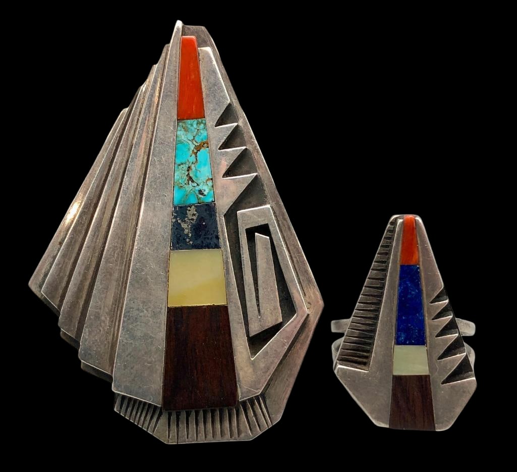 Sterling Silver Inlay Pendant And Ring By Robert (Joshweseoma) Lomadapki: Offered here for your consideration is a sterling silver inlay pendant and ring set by Robert (Joshweseoma) Lomadapki. Both pieces feature geometric designs created with multi stone inlays. The triang