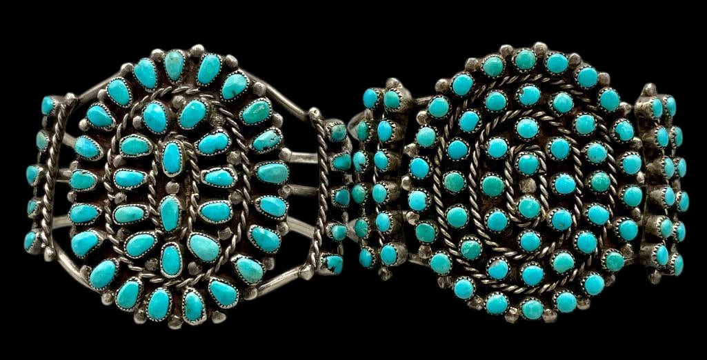 Two Vintage Zuni Turquoise Cluster And Sterling Silver Bracelets (1 of 11)