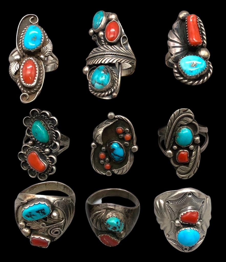 Nine Vintage Coral And Turquoise Sterling Silver Rings (1 of 12)