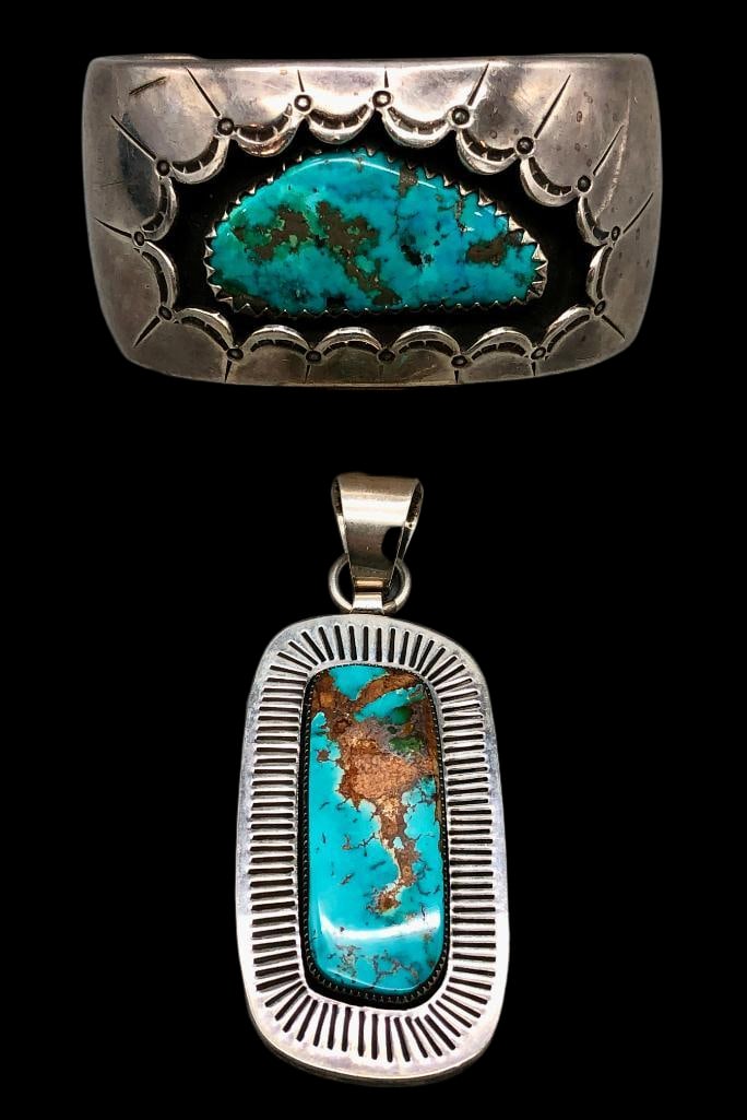 Sterling Silver And Turquoise Bracelet And Pendant With Nice Stones (1 of 12)