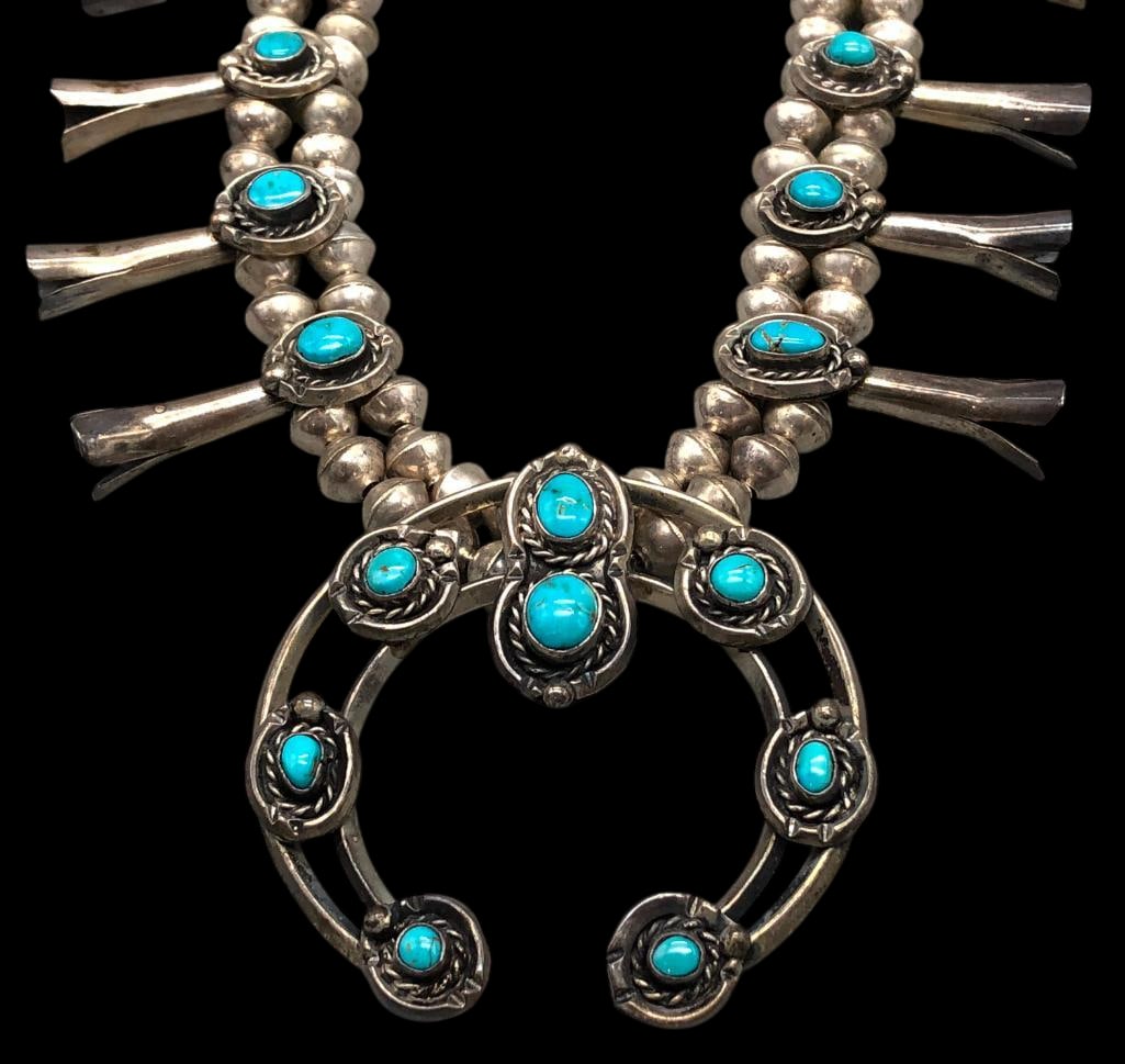 Turquoise And Sterling Silver Squash Blossom Necklace (1 of 15)