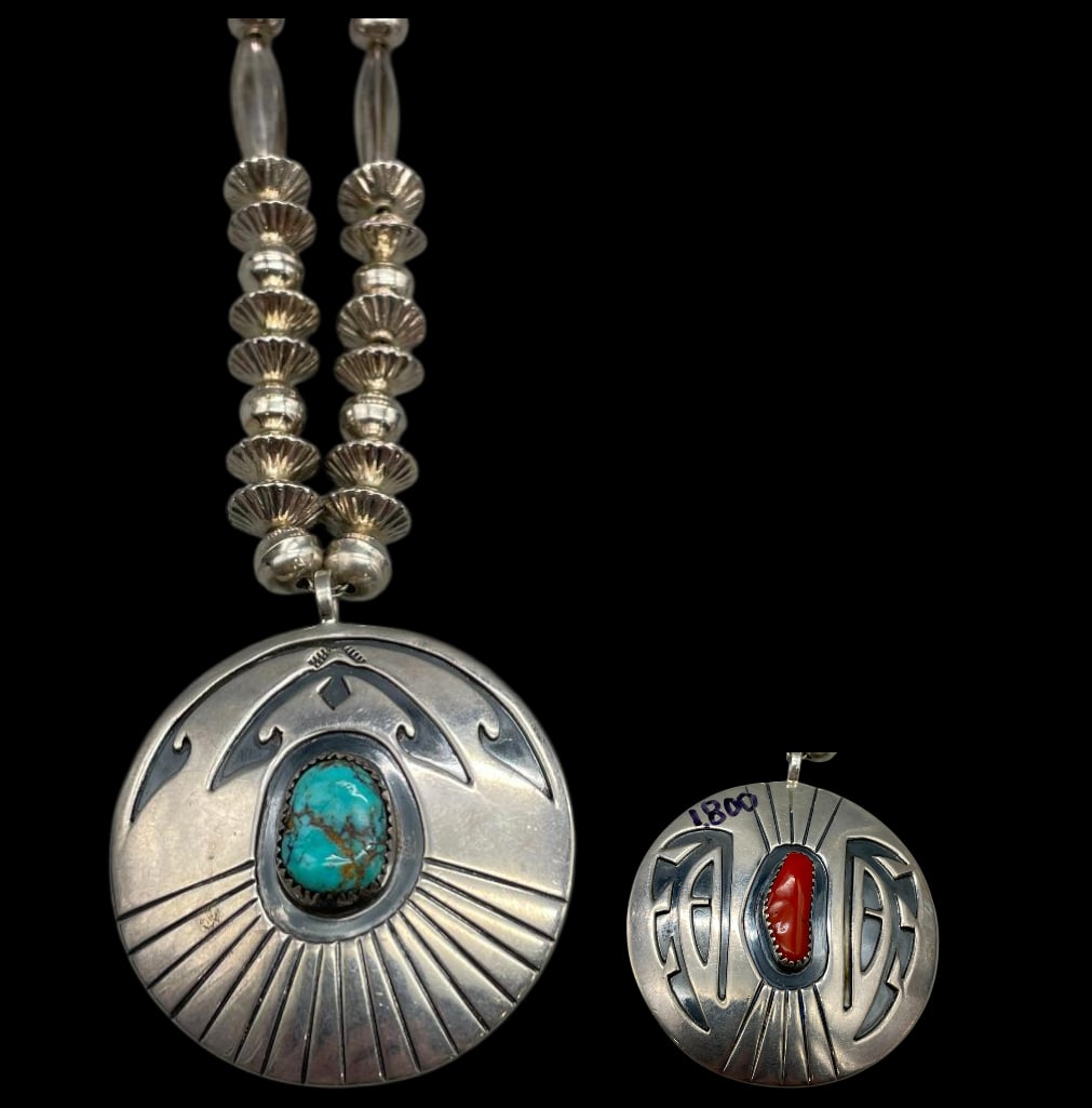 Sterling Silver, Turquoise And Coral Double Sided Pendant On A Beaded Necklace (1 of 15)