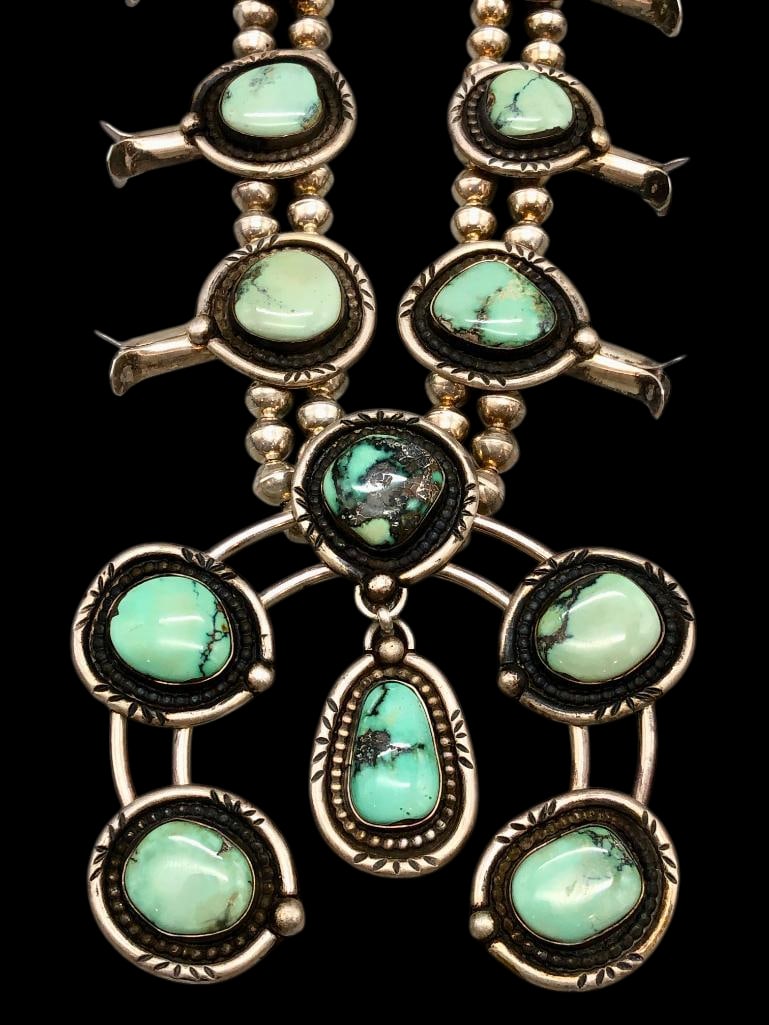 Sterling Silver And Green Turquoise Squash Blossom Necklace (1 of 17)