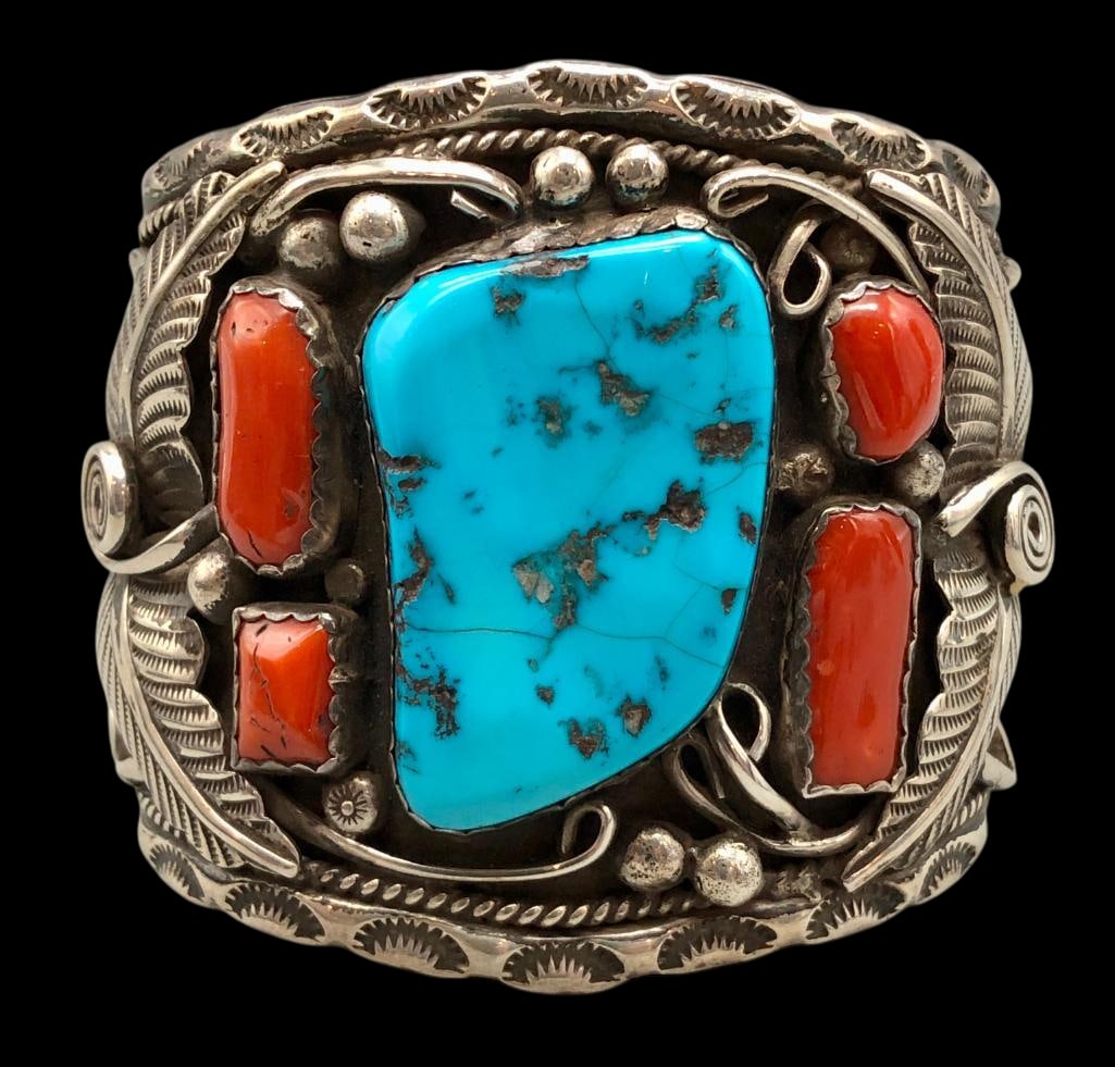 Great Vintage Sterling Silver, Turquoise And Coral Bracelet (1 of 12)