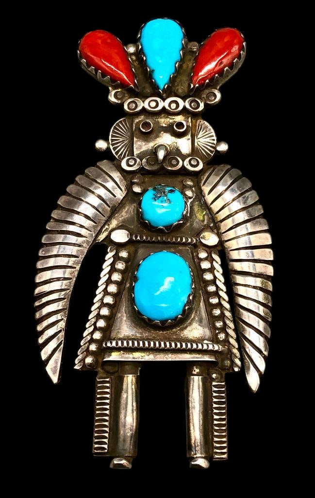 Vintage Turquoise Coral And Sterling Silver Kachina Figure Pin/Pendant (1 of 9)