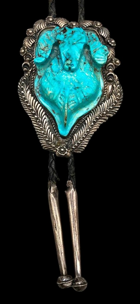 Carved Turquoise Ram's Head Bolo By Tom Willeto (1 of 14)