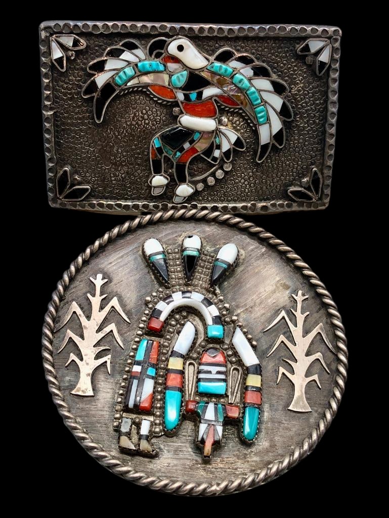 Two Sterling Silver And Multi Stone Inlay Belt Buckles (1 of 12)