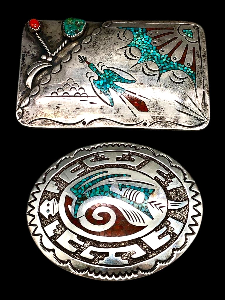 Two Sterling Silver Turquoise And Coral Inlay Buckles (1 of 10)