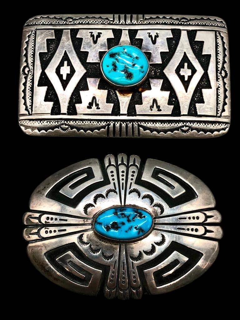 Two Sterling Silver Turquoise And Overlay Buckles By Tommy Singer (1 of 11)