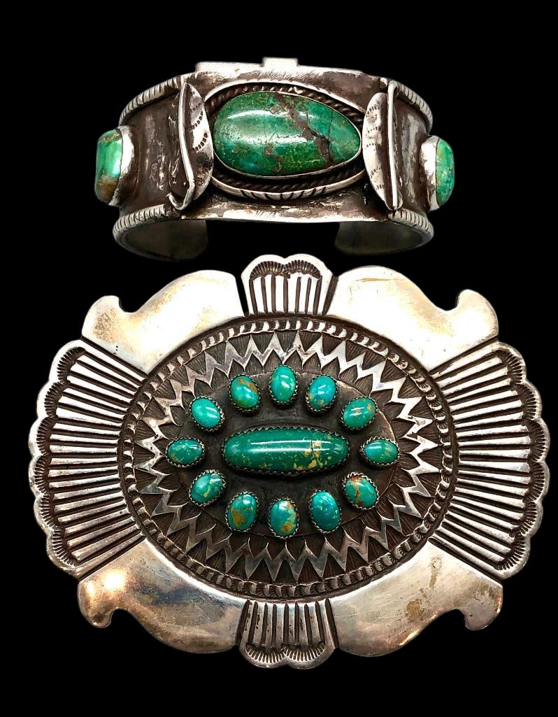 Green Turquoise And Sterling Buckle By Rick Martinez With Green Turquoise Watch Cuff Converted (1 of 13)