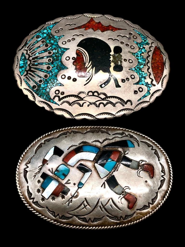 Two Sterling Silver And Multi Stone Inlay Buckles: Offered here for your consideration are two sterling silver and multi stone inlay buckles. Both pieces feature multi stone mosaic or chip inlay designs depicting a Rainbow Man and Native portrait. The