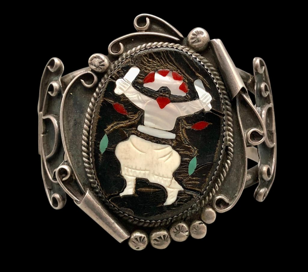 Sterling Silver And Multi Stone Bracelet Odelle Jaramillo: Offered here for your consideration is a sterling silver and multi stone bracelet Odelle Jaramillo. This piece features a figural design highlighted with multi stone inlay of mother of pearl, coral an